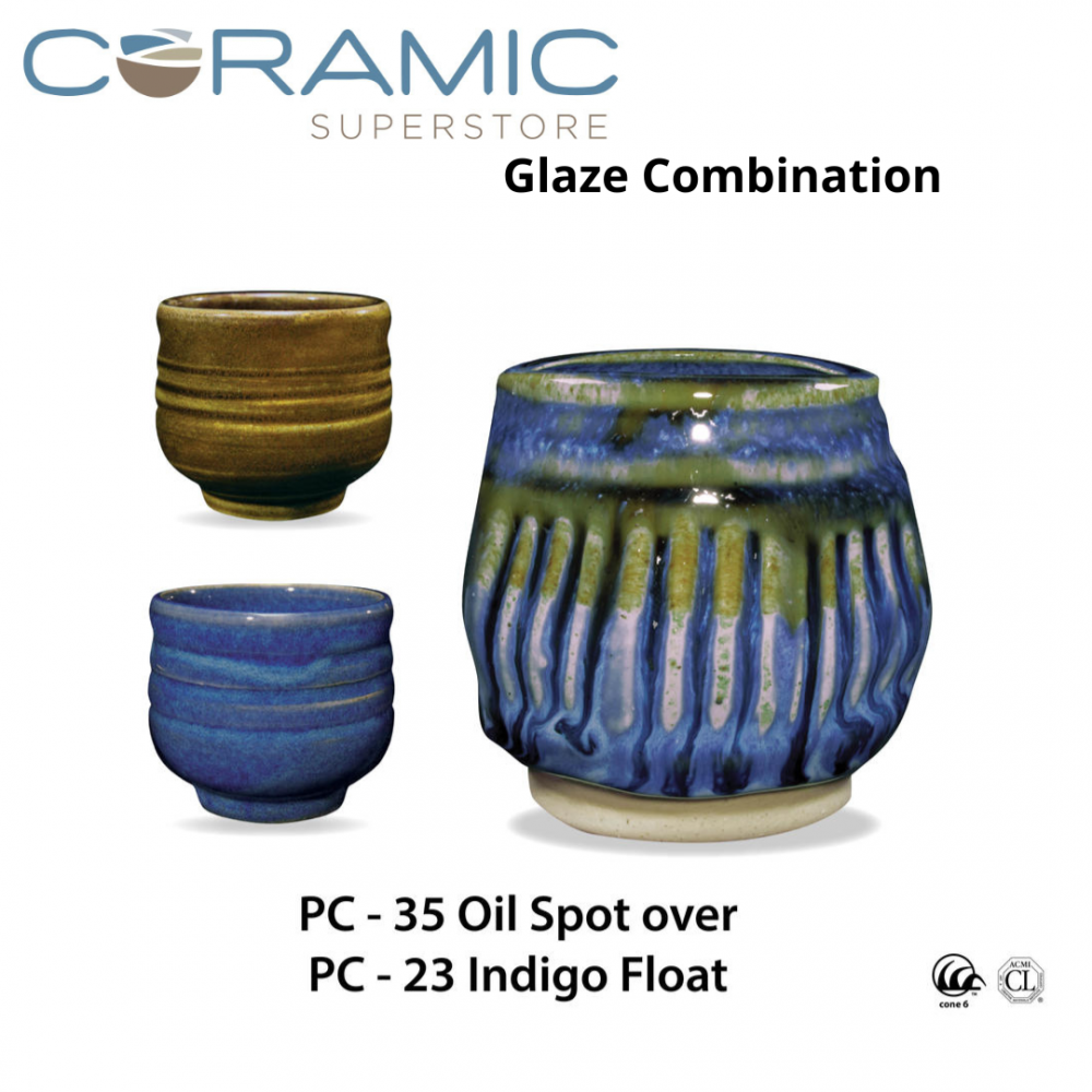 Oil Spot PC-35 over Indigo Float PC-23 Pottery Cone 5 Glaze Combination